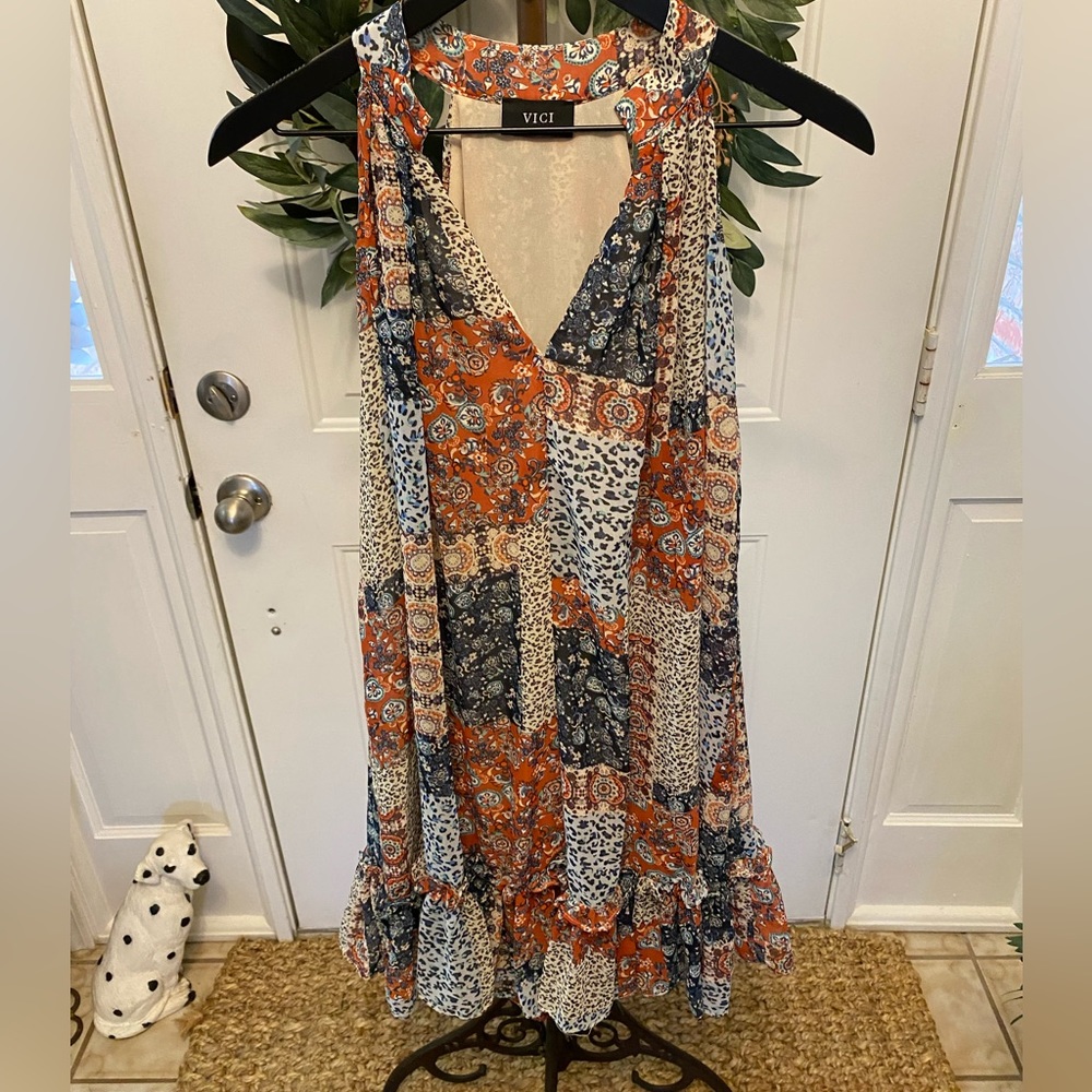 VICI Boho Floral & Animal Print Patchwork Sleeveless Dress S